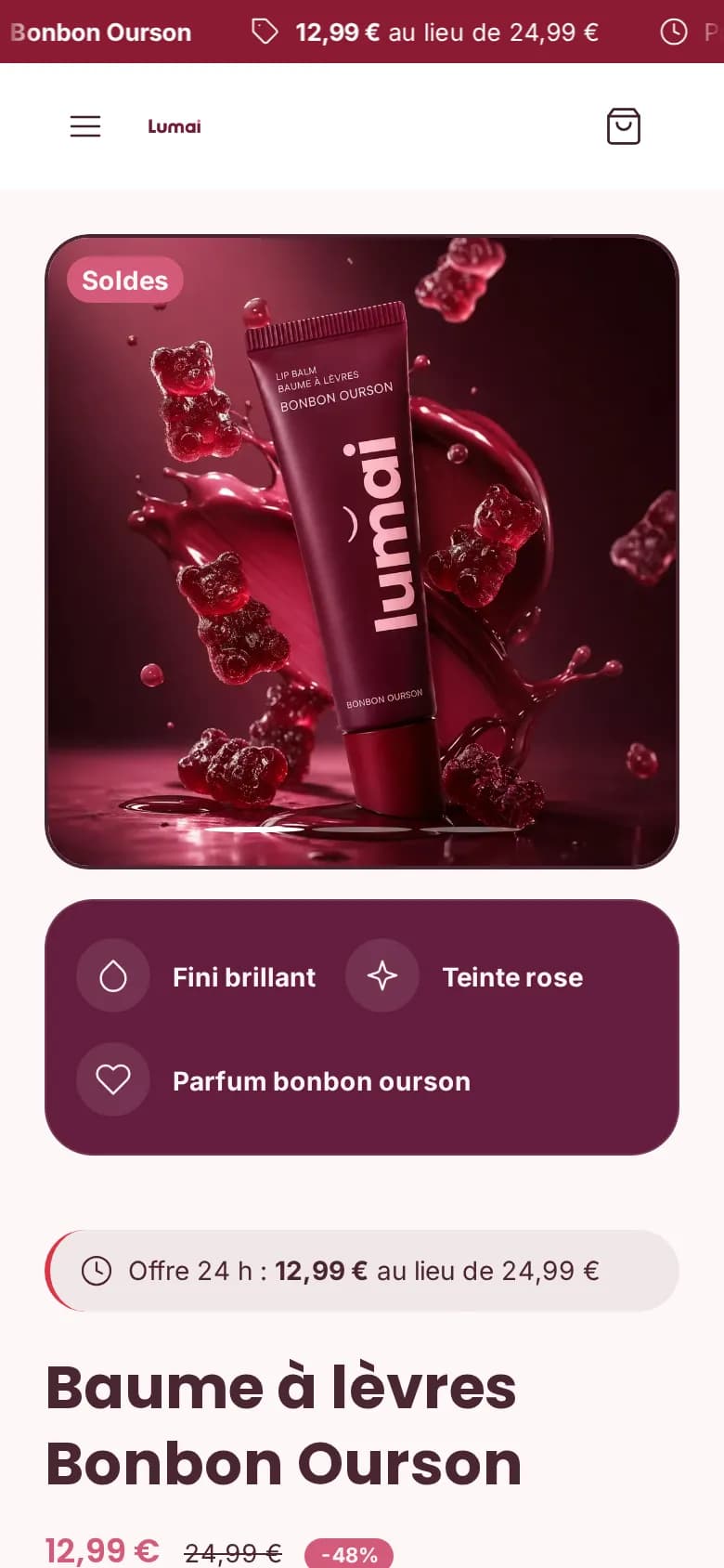 Fiche produit du baume à lèvres Lumai sur téléphone