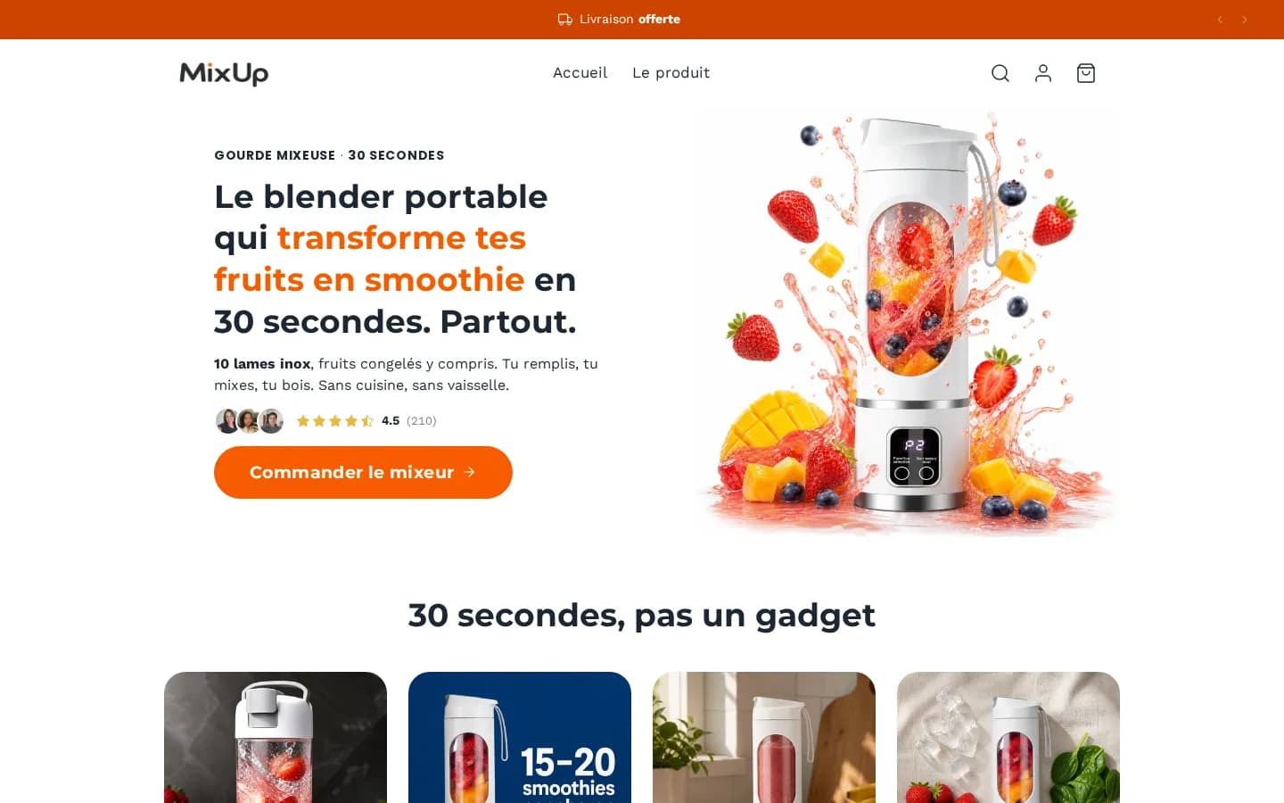 Page d'accueil de la boutique Mixup, un blender portable