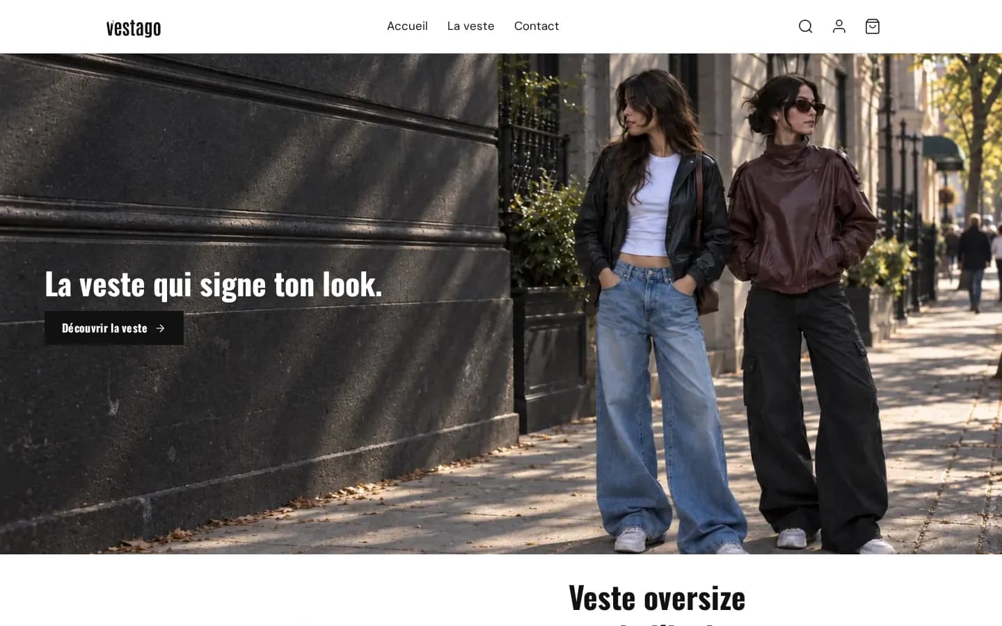 Page d'accueil de la boutique Vestago, une veste en similicuir