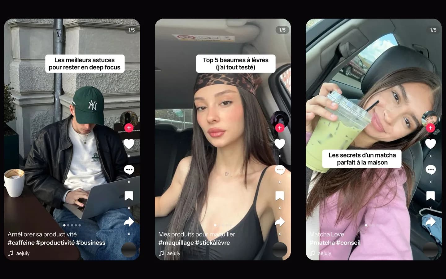 Three TikTok carousels side by side, each with a hook on its first slide