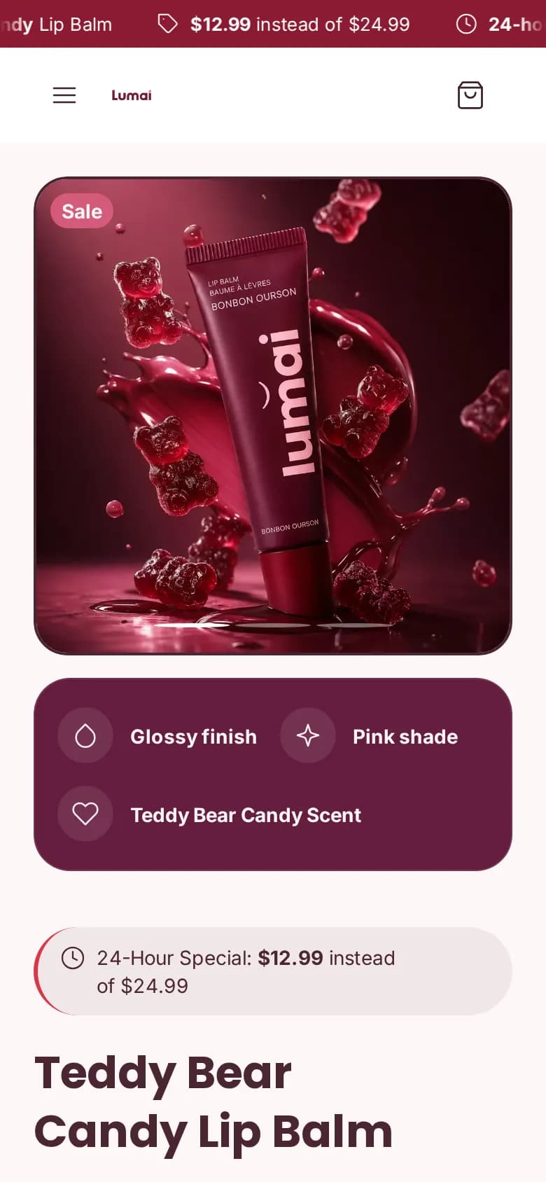 Lumai lip balm product page on mobile