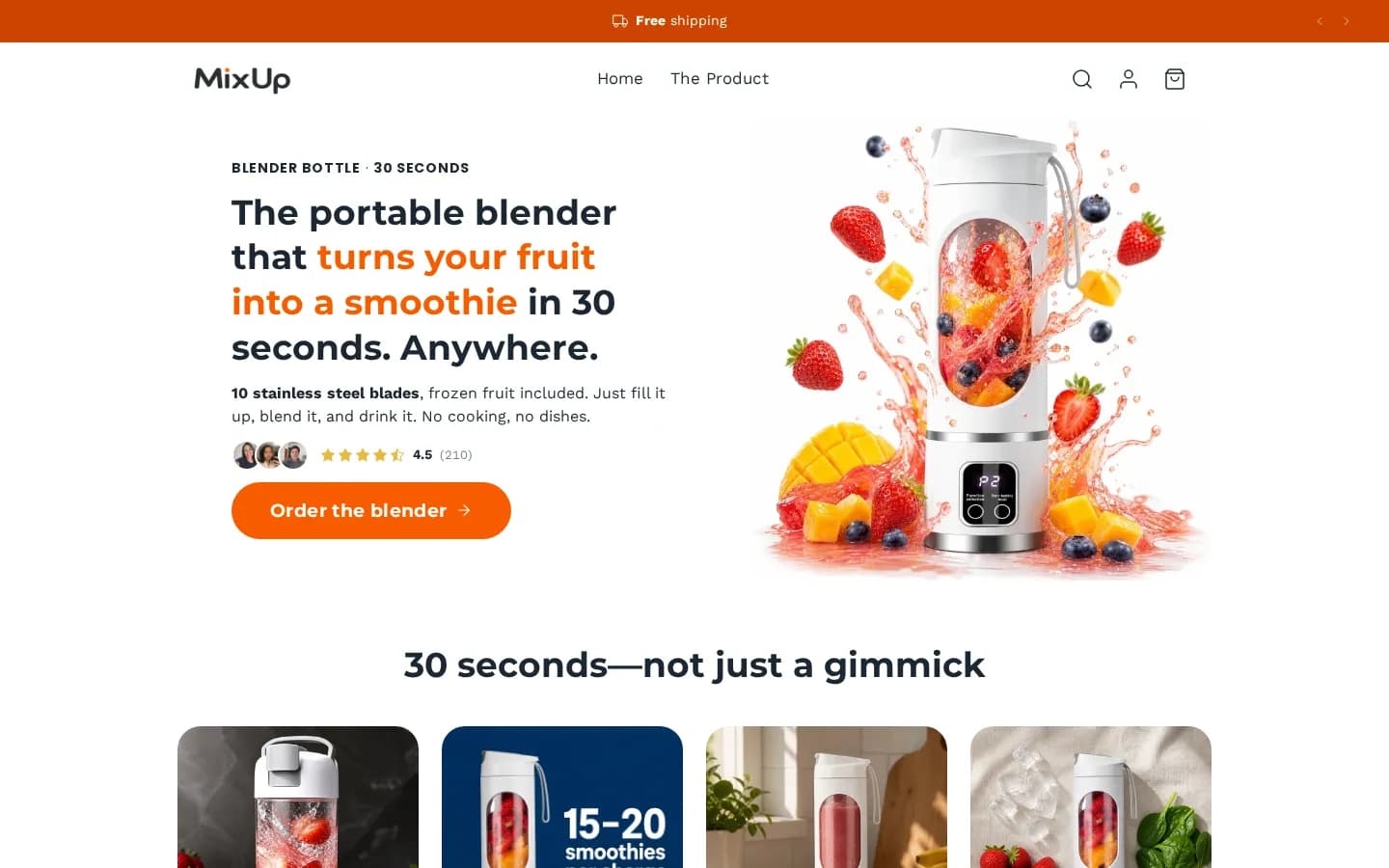 Homepage of the Mixup store, a portable blender