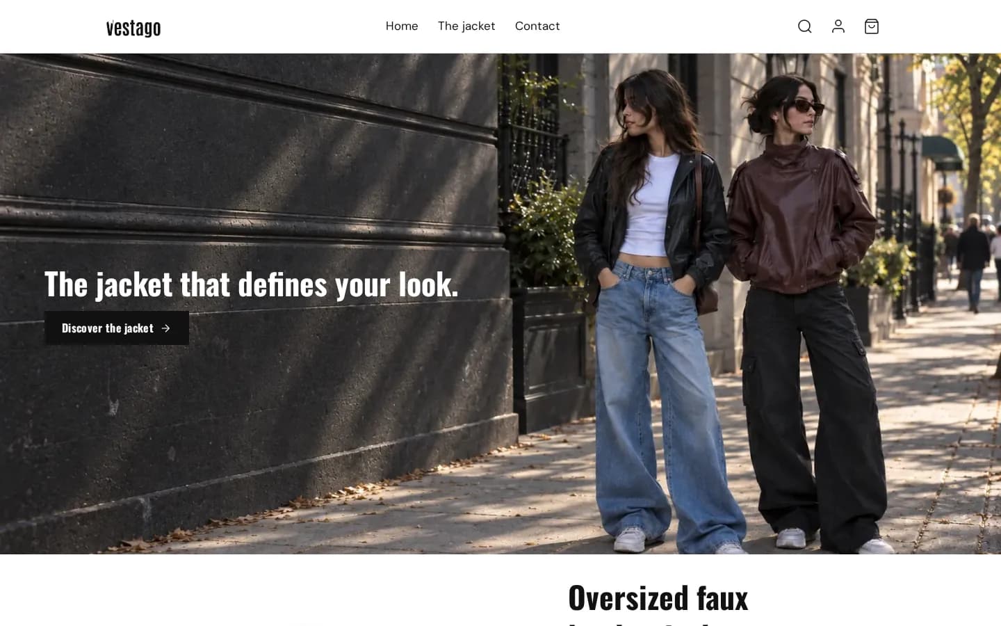Homepage of the Vestago store, a faux leather jacket